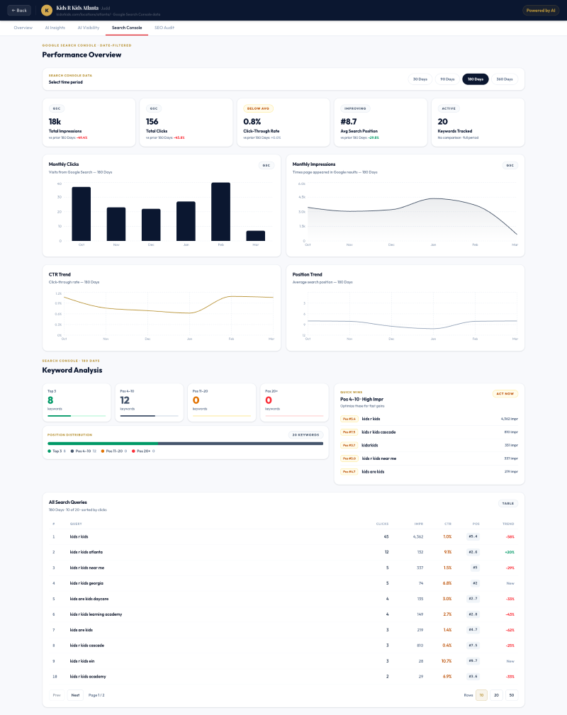 Performance Overview dashboard showing summary metrics (impressions, clicks, CTR, position) and charts for monthly clicks, impressions, CTR trend, position trend, plus a keyword analysis panel.
